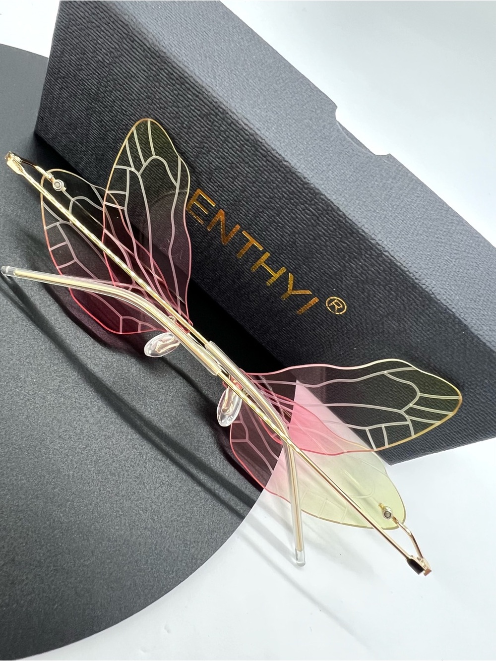 ENTHYI Dragonfly Wing Sunglasses Pink Yellow Rimless Fairy Festival Y2K NWOT